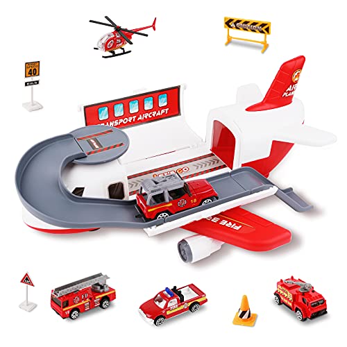 m zimoon Aviones de Juguete Versión mejorada Avión de Transporte de Carga Juego de Juguetes para Coche Regalo para Niños y Niñas con 1 Aviones de transporte 3 coches 1 Motora 1 Helicóptero (Rojo)