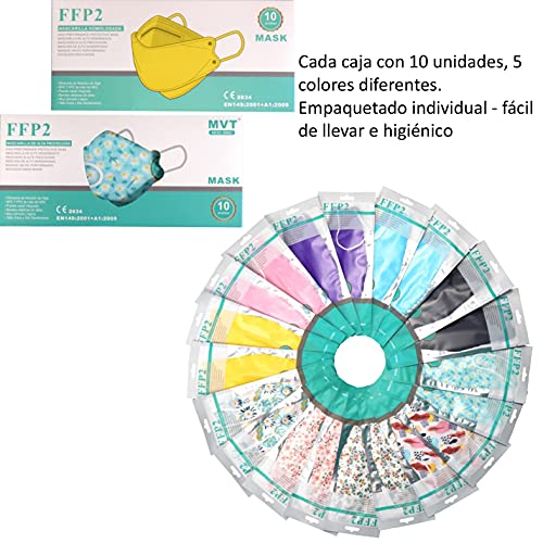Mascarilla FFP2 Colores, Pack de 20x Mascarillas FFP2 NR de Colores Homologadas 5 Capas Forma 3D Tipo Pez + Mask Case Color Aleatorio