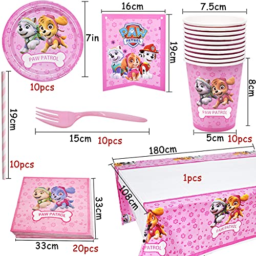 Miotlsy Vajilla Diseño de reutilizableAccesorio - cumpleaños Patrulla Canina Juego de vajilla para fiestas, decoración de cumpleaños para niños tazas servilletas manteles tenedores