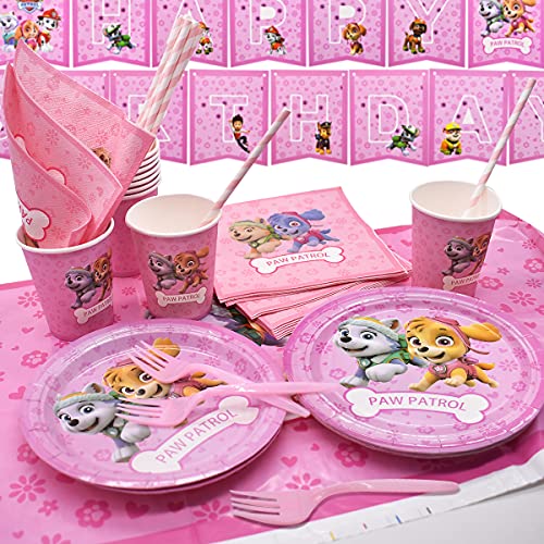 Miotlsy Vajilla Diseño de reutilizableAccesorio - cumpleaños Patrulla Canina Juego de vajilla para fiestas, decoración de cumpleaños para niños tazas servilletas manteles tenedores