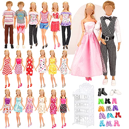 Miunana 23 Accesorios para Niñas Dolls Y Ninos Dolls Muñecas : 4 Ropas + 3 Vestidos + 10 Zapatos para Muñecas Ninas + 3 Ropas para Niños Muñecas + Zapatero
