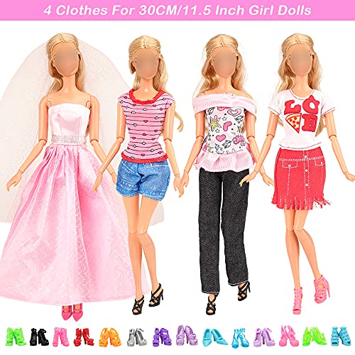 Miunana 23 Accesorios para Niñas Dolls Y Ninos Dolls Muñecas : 4 Ropas + 3 Vestidos + 10 Zapatos para Muñecas Ninas + 3 Ropas para Niños Muñecas + Zapatero