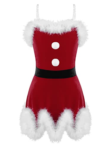 MSemis Disfraz de Mamá Noel de Fiesta Navidad Vestido Princesa Corto de Danza Actuaciones Vestido Navideño con Pompones Ropa Navidad Niña Rojo 11-12 años