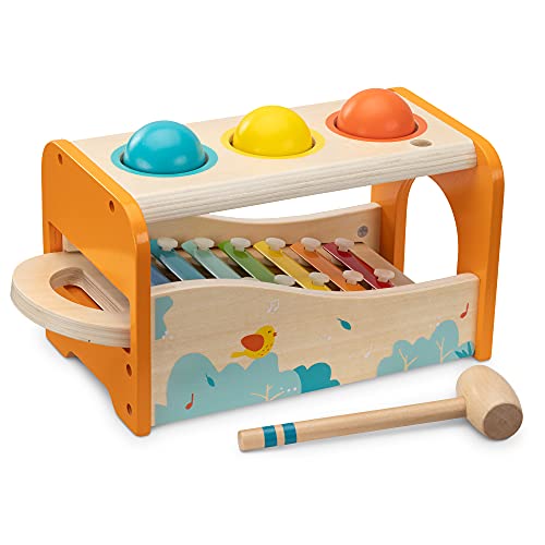 Navaris Juego musical de madera - Set de 1x xilófono de percusión y 1x juguete con martillo y 3 bolas - Instrumentos musicales para niños +18 meses