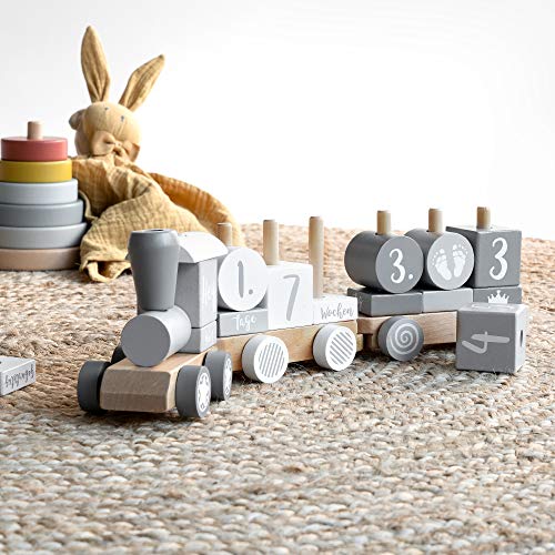 Navaris Tren de Madera para niños - 2en1 Juguete con Piezas para marcar hitos años Meses Navidad - Locomotora Desmontable con Bloques en alemán