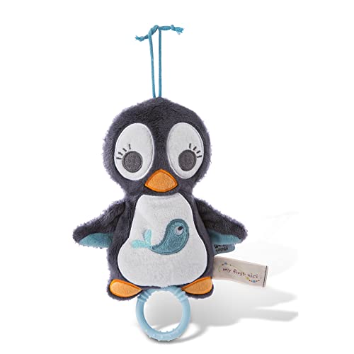 NICI muñeco 2D de cuerda del pingüino Watschili 18cm desde 0 meses, niñas – Caja de música infantil – Ayuda para dormir – Uso en cama, cochecito, cunas – Canción de cuna de Brahms, Gris, color (46581)