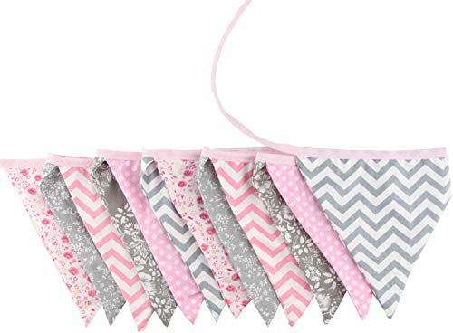 Oblique-Unique® Guirnalda de banderines de algodón de doble cara, para interior y exterior, diseño a elegir (rosa y gris)