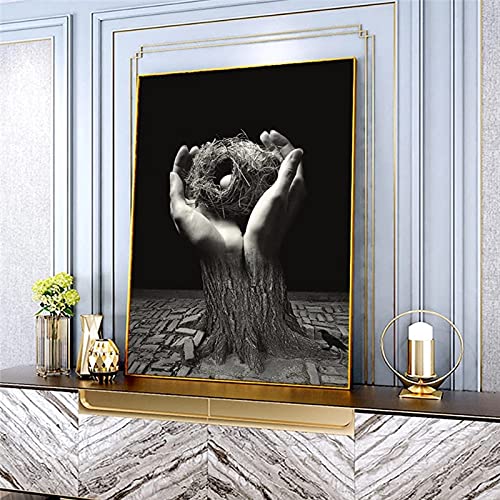 Pintar por Numeros para Adultos El huevo del nido de pájaro pintando arte en blanco y negro en la palma de la mano Pintura por Números con Pinceles y Pinturas 30x40cm Sin marco