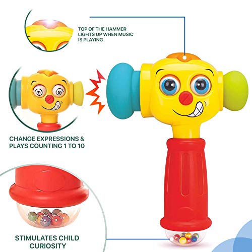 Play Pride Bebé Martillo Juguete - Gracioso Cambiable Ojos Dibujos Animados Cara, Juguetes para 6 Meses Antiguo y Arriba, Multifunción Ligero Y Música para Infantil Niños Chicas(Inglés Canciones)