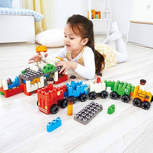 Poly-M 760024 Hape PolyM City 130 Piezas de construcción de ladrillo vehículo Juguete Conjunto con Figuras y Accesorios, Multicolor