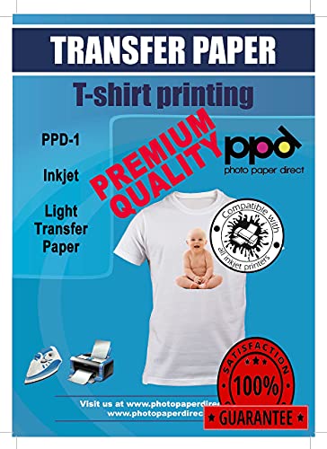 PPD A4 x 40 Hojas de Papel de Transferencia Térmica Para Camisetas, Mascarillas y Tejidos Blancos o Claros - Para Impresora de Inyección de Tinta Inkjet - PPD-1-40
