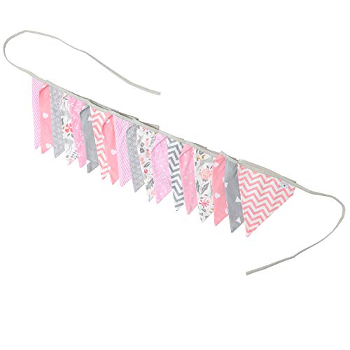 PREMYO Banderines de Tela Infantiles - Guirnaldas Decoración Habitación Bebé Niña - Triángulos Colores Rosa Gris