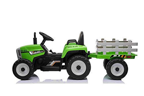 RIRICAR Tractor eléctrico Workers con Remolque, Verde, tracción Trasera, batería de 12V, Ruedas de Plástico, Asiento Ancho de Plástico, Control Remoto de 2,4 GHz