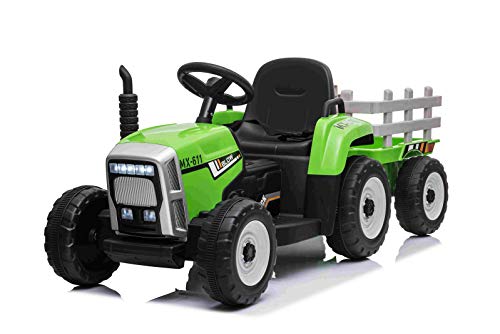 RIRICAR Tractor eléctrico Workers con Remolque, Verde, tracción Trasera, batería de 12V, Ruedas de Plástico, Asiento Ancho de Plástico, Control Remoto de 2,4 GHz