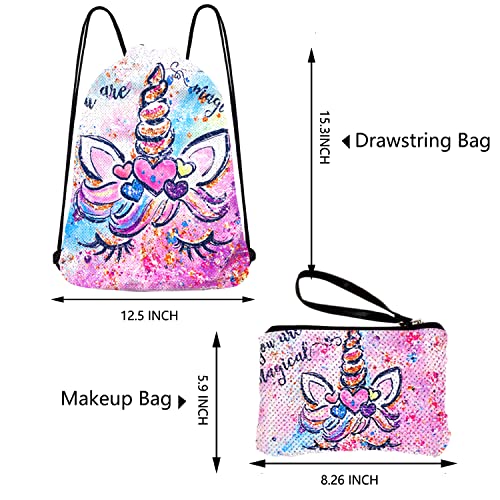RLGPBON Unicornios Mochila con cordón/Maquillaje Bolsa/Collar de Cadena de aleación/Pulsera/5 Piezas de Lazos para el Cabello Unicornio/Unicornio Drawstring Gift para niñas