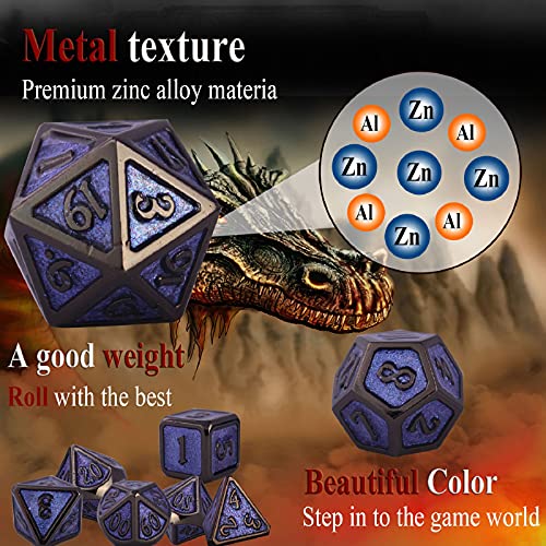 Schleuder Juego de Dados de rol Poliédricos, 7 Piezas DND Dice Set de Metal Aleación de Zinc Sólidos para D&D Dungeons and Dragons Juego de Mesa RPG MTG (Black Nickel - Purple)