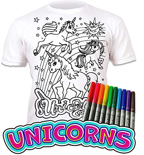 Splat Planet Camiseta infantil con diseño de unicornio. Para pintar y colorear con preimpresión. Incluye 6 rotuladores mágicos lavables. Cumpleaños infantiles, Blanco, 3-4 Años