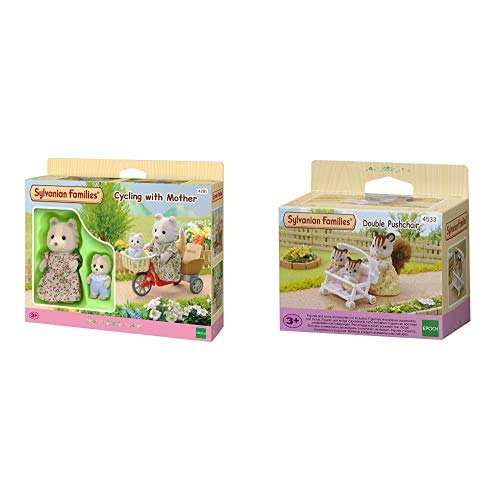 Sylvanian Families - 4281 - Pedaleando con mamá + - 4533 - Carrito Doble de bebés