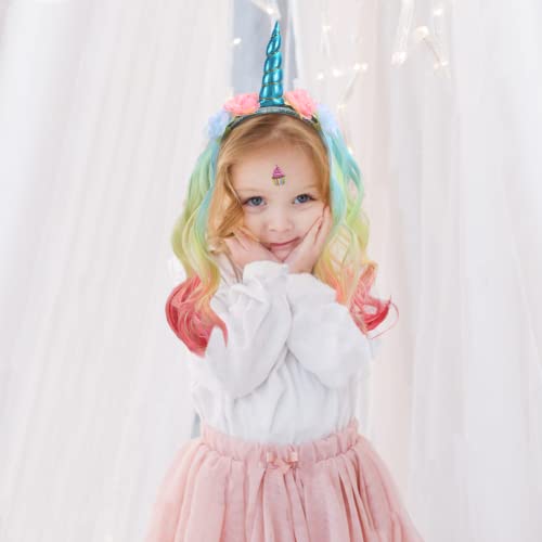 TAROME Diadema de niña unicornio con peluca de unicornio Diadema de cuerno de unicornio multicolor Cumpleaños Cosplay Carnaval para disfraces Accesorios Celebración Fiesta Festivales