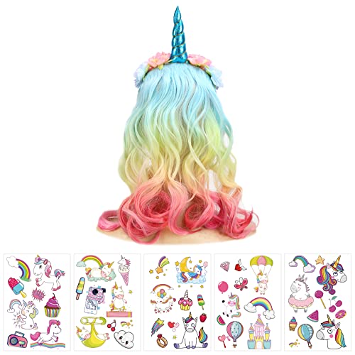 TAROME Diadema de niña unicornio con peluca de unicornio Diadema de cuerno de unicornio multicolor Cumpleaños Cosplay Carnaval para disfraces Accesorios Celebración Fiesta Festivales