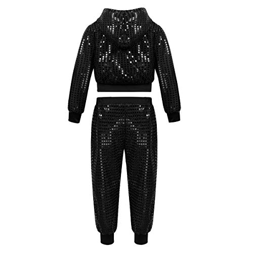 TiaoBug Unisexo Niños Ropa Deportiva de Danza Jazz Hip Hop Lentejuelas Disfraz para Danza Baile Callejero Chaqueta con Capucha Pantalones Elástica Niños Niñas Negro 10-12 Años
