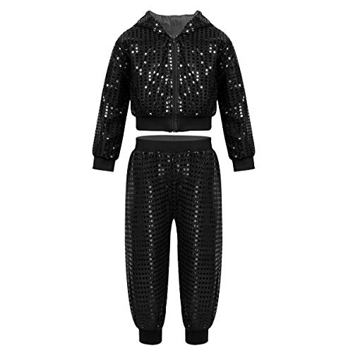 TiaoBug Unisexo Niños Ropa Deportiva de Danza Jazz Hip Hop Lentejuelas Disfraz para Danza Baile Callejero Chaqueta con Capucha Pantalones Elástica Niños Niñas Negro 10-12 Años