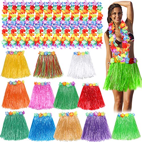 Toyssa Juego de 12 Falda Hawaiana con Collar de Flores Hawaianas Falda de Hierba de Hula y Collar Flores Hawai Fiestas de Disfraces Fiesta Hawaiana Luau Playa para Niñas Mujer Adultos