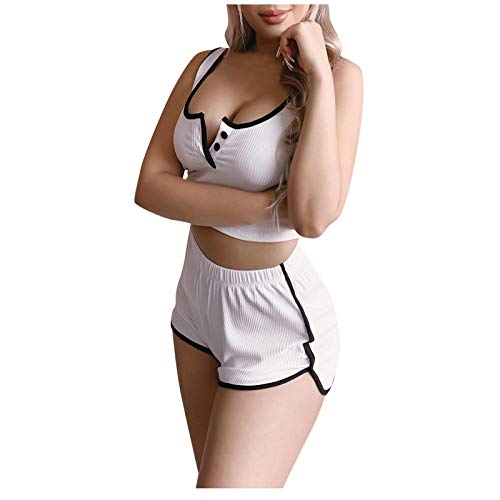 Traje Deportivo para Mujer Camiseta sin Mangas con Cuello en V + Pantalones Cortos elásticos Traje de Verano de Manga Corta