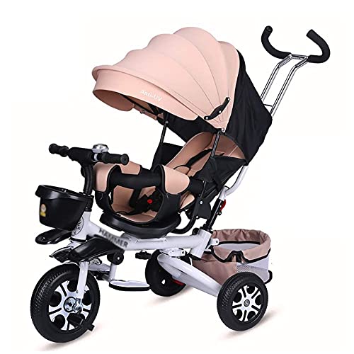 UKUOFL Triciclos portátiles - Bebé Plegable 4 en 1 para niños con toldo Ajustable y Asiento Giratorio, Empuje de Altura Ajustable para niños de 1 a 6 años, Color Caqui Happy House