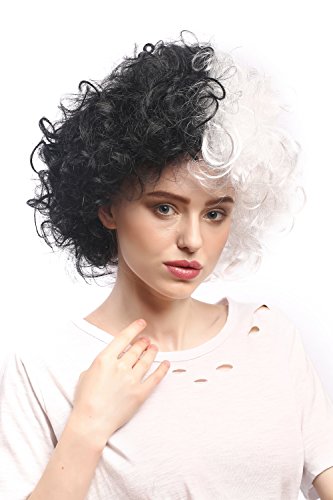 WIG ME UP- 91344-P103-P68 Peluca Mujeres Carnaval Halloween Rizado Afro fregona voluminosos, Mitad Blanco y Negro Bicolor, Frankenstein