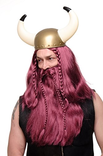 WIG ME UP- RJ033-P67 Peluca Larga Barba Trenzada para Hombres Carnaval Vikingo bárbaro gnomo pelirojo-Oscuro