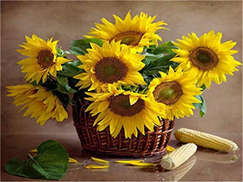 YEESAM ART Novedades - Pintura por números para adultos y niños, girasol, cesta de flores, 40 x 50 cm, lienzo de lino, pintura al óleo, regalo de Navidad (girasol, sin marco)