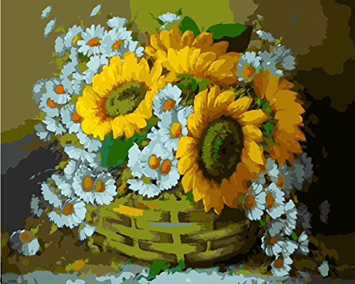 YEESAM ART Novedosos cuadros para pintar por números para adultos y niños, girasol, margaritas, cesta de bambú, 40 x 50 cm, lona de lino, pintura al óleo, regalo de Navidad