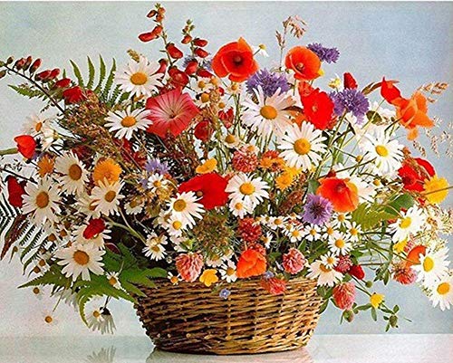 YEESAM ART Pintura por números para adultos y niños, margaritas, amapolas y cesta de flores, 40 x 50 cm, lona de lino, manualidades, regalo de Navidad
