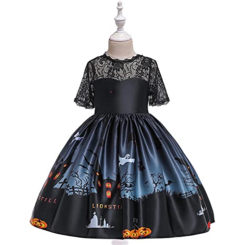 YWLINK NiñOs Vestido Ceremonial Halloween NiñA Cosplay Princesa Vestido Disfraz De Bruja para NiñOs, Disfraz De Halloween,Vestido Estampado Vestido De Encaje con Estampado De Calaveras