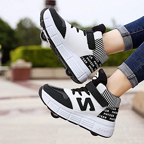 Zapatillas con Ruedas Zapatos con ruedas para niños Zapatillas de skate con ruedas Zapatos Patines Automática Calzado de Skateboarding Con Automática Ruedas Ajustables para Niños Niñas,Negro,42