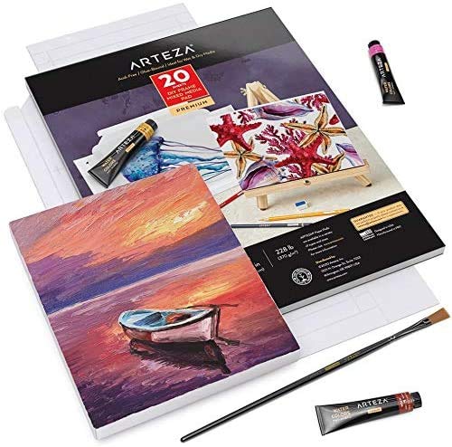 Arteza Papel de lienzo para pintar multimedia, con marco, (17,8 x 21,8 cm), 20 hojas, 370 GSM, sin ácidos, bloc encolado, papel de pulpa de madera, lienzos para pintar con diversos medios mixtos