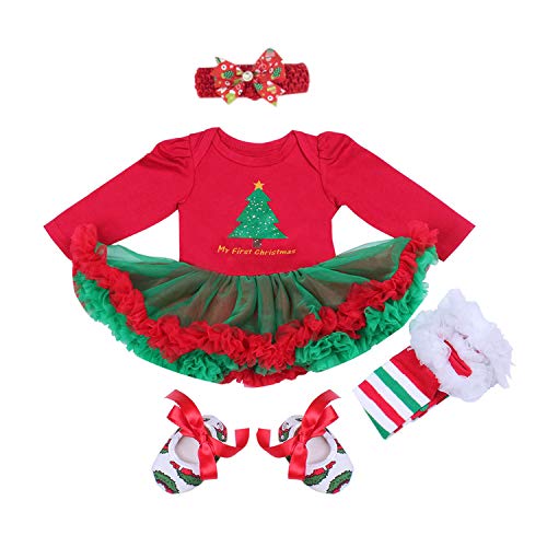 BabyPreg Bebe niña Mi Primera Navidad Vestido de Fiesta de Disfraces de Santa 4PCS (6-9 Meses, Arbol de Navidad Largo)