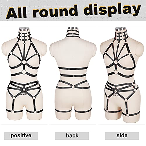 BBOHSS Arnés para el Cuerpo de Las Mujeres Sujetador de Moda Punk Conjunto de cinturón de Liga Medias Cinturón Carnaval gótico Traje de Baile de Halloween (Negro)