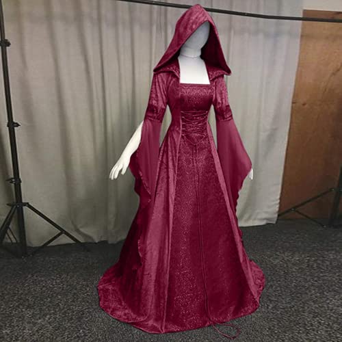 Bcshiye Vestido de cosplay gótico para mujer, estilo renacentista, vintage, medieval, hasta el suelo, con capucha, disfraz de fiesta, rojo vino, 5X-Large
