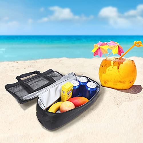 Bolsa de Asas de Malla para Acampar en la Playa, Bolsa de Seguro para Picnic, Multifuncional, para Acampar en la Playa, Fuerte Dureza con Bolsa de Enfriamiento Desmontable para Piscinas(negro)