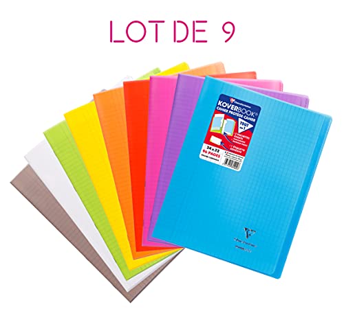 Clairefontaine 981490AMZC Lot de 9 Cahiers Agrafés Koverbook - 24x32 cm - 96 Pages Grands Carreaux Papier Blanc 90g Couverture Polypro (Bleu, Rouge, Vert, Jaune, Violet, Gris, Orange, Rose, Incolore)