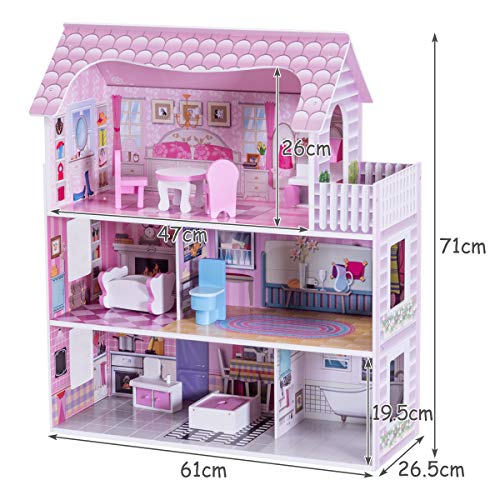 COSTWAY Casa de Muñecas de Madera con Accesorios para Niña Juego de Roles Educativo Juguete Color Rosa