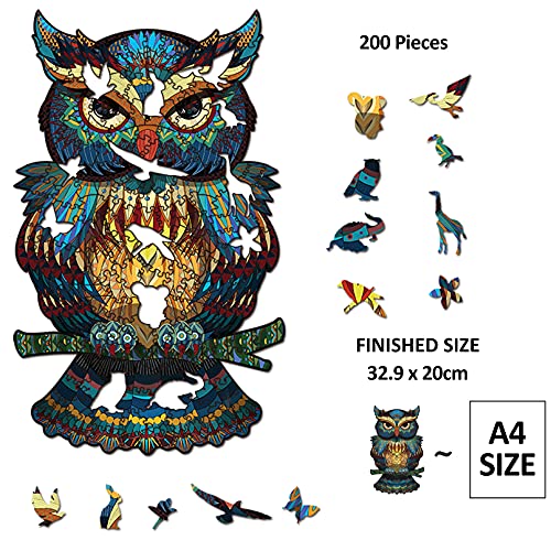 Cuteefun Puzzles Madera para Adultos Puzzles Animales de Formas Unicas Búho Colorido Puzzles de 200 Piezas para Regalo Familiar