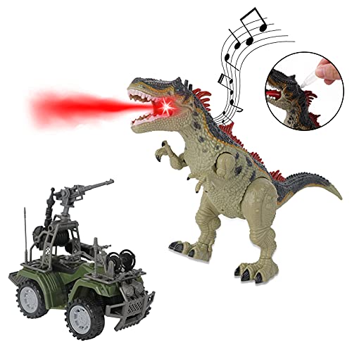 deAO Juego de Dinosaurios Conjunto Incluye Dinosaurio con Efecto de Humo, Funciones Luminosas y Sonido, Castillo y Accesorios Incluidos