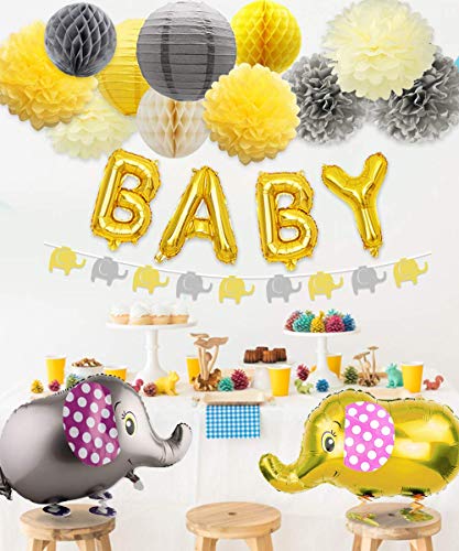 Decoraciones para baby shower Neutral para niño o niña, baby shower, tema de elefante amarillo y gris, pompones y linternas, globo para caminar elefante y guirnalda