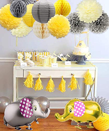 Decoraciones para baby shower Neutral para niño o niña, baby shower, tema de elefante amarillo y gris, pompones y linternas, globo para caminar elefante y guirnalda