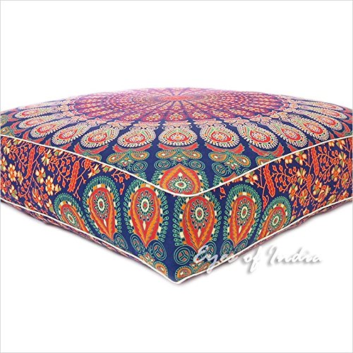 Eyes of India - 35" Blue Orange Large Oversized Mandala Square Colorful Floor Pillow Co