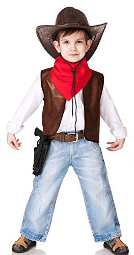 Gojoy Shop - Disfraz de Chaleco Vaquero Cowboy para niños Fiesta San Fermín, contiene: chaleco, sombrero, pañuelo rojo y jueguete de pistola con funda. (3 tallas diferentes) (7-9 AÑOS)