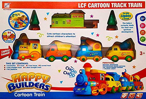 Happy Builders Choo Choo - Juego de trenes de dibujos animados, 210 cm, circunferencia de la pista para niños, funciona con pilas, juguete de Navidad